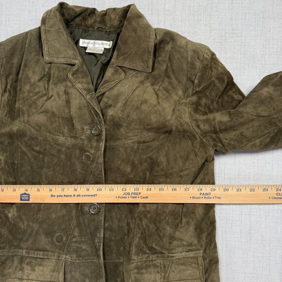 Y2K Jessica Holbrook Suede Jacket Olive Green Button Front Leather Size S Small - Picture 10 of 15